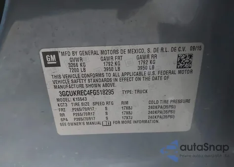 2015 Chevrolet Silverado 1500 1Lt from USA, damaged, VIN 3GCUKREC4FG518295